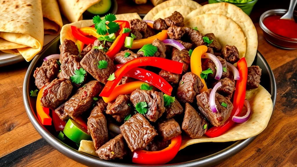 Savory Beef Fajitas Recipe A plate of beef fajitas with colorful peppers and onions in warm tortillas, garnished with cilantro, served with guacamole and salsa.